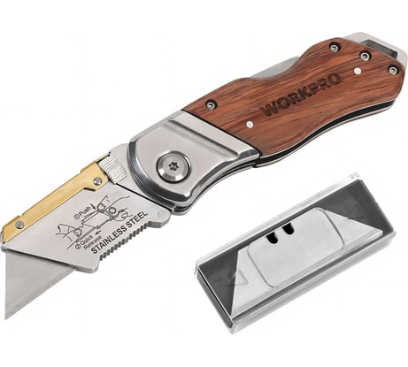 Складной нож WORKPRO ручка из дерева, 10 лезвий, трапециевидные лезвия WP211014
