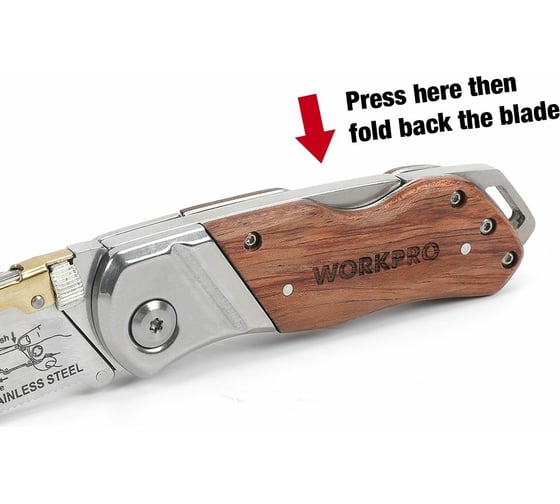 Складной нож WORKPRO ручка из дерева, 10 лезвий, трапециевидные лезвия WP211014