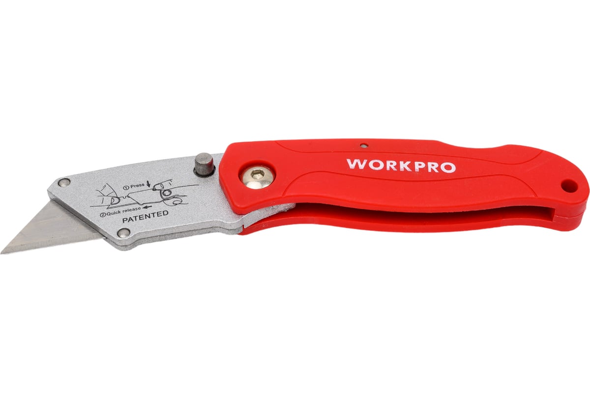 Складной быстросменный нож WORKPRO пластиковый, трапециевидные лезвия ...
