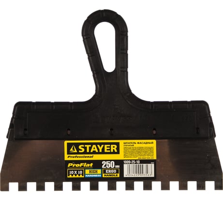 Нержавеющий зубчатый шпатель с пластмассовой ручкой, 250мм, зуб 10х10мм STAYER 1009-25-10