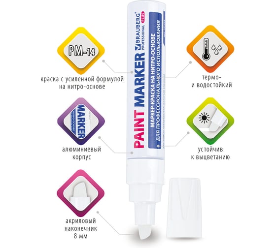 Лаковый маркер-краска BRAUBERG PRO PLUS paint marker 8 мм, белый, нитро-основа, алюминиевый корпус 151454