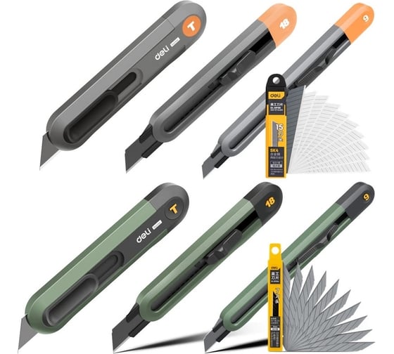 Технический нож DELI home series green ht4008l Т-образное лезвие, эксклюзивный дизайн, софттач пластик, безопасная конструкция, подарочная упаковка 112884