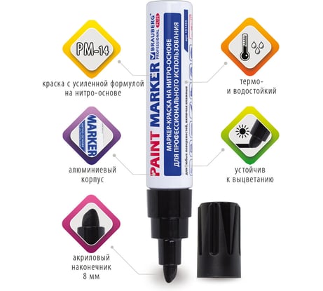 Лаковый маркер-краска BRAUBERG PRO PLUS paint marker 8 мм, черный, нитро-основа, алюминиевый корпус 151455