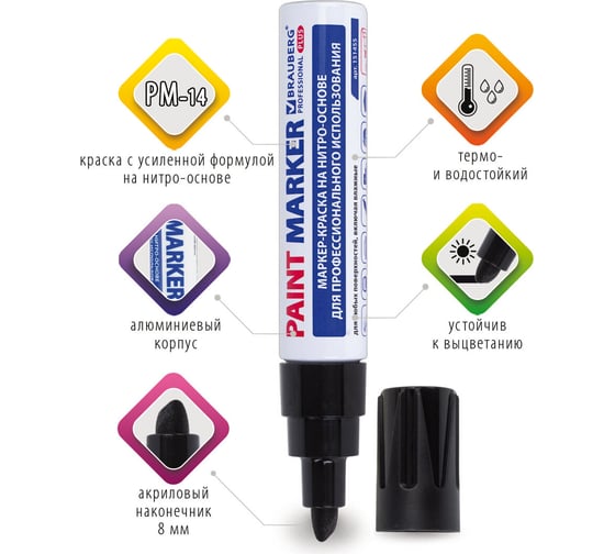 Лаковый маркер-краска BRAUBERG PRO PLUS paint marker 8 мм, черный, нитро-основа, алюминиевый корпус 151455