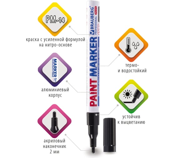 Лаковый маркер-краска BRAUBERG paint marker 2 мм, черный, нитро-основа, алюминий 151439
