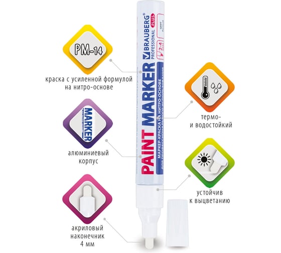 Лаковый маркер-краска BRAUBERG paint marker 4 мм, белый, нитро-основа, professional plus 151444