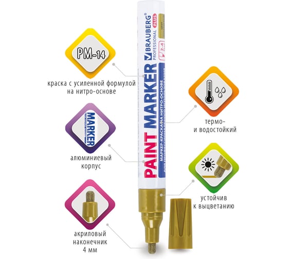Лаковый маркер-краска BRAUBERG PROFESSIONAL PLUS paint marker 4 мм, золотой 151449