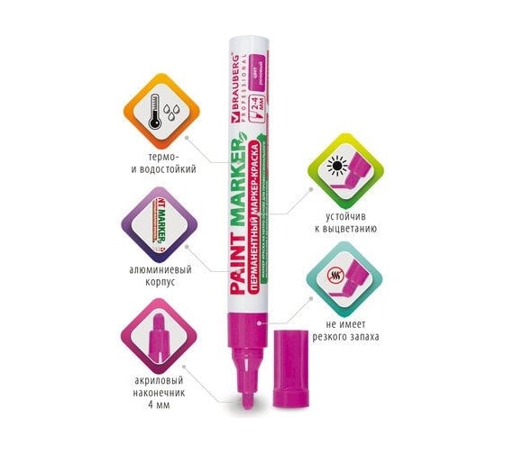 Лаковый маркер-краска BRAUBERG paint marker 4 мм, розовый, без ксилола, без запаха 151436