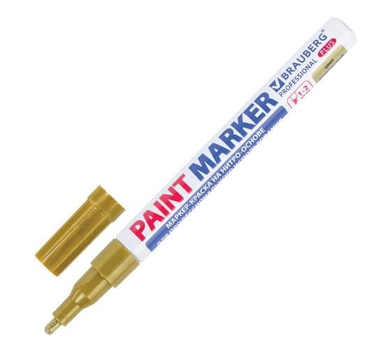 Лаковый маркер-краска BRAUBERG paint marker 2 мм, золотой, нитро-основа, алюминиевый корпус 151443