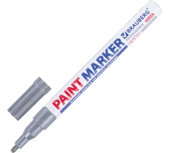 Лаковый маркер-краска BRAUBERG paint marker 2 мм, серебряный, нитро-основа, алюминиевый корпус 151442 1