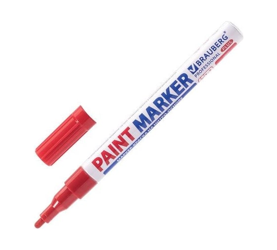 Лаковый маркер-краска BRAUBERG paint marker 2 мм, красный, нитро-основа, алюминиевый корпус 151440
