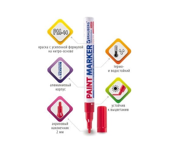 Лаковый маркер-краска BRAUBERG paint marker 2 мм, красный, нитро-основа, алюминиевый корпус 151440