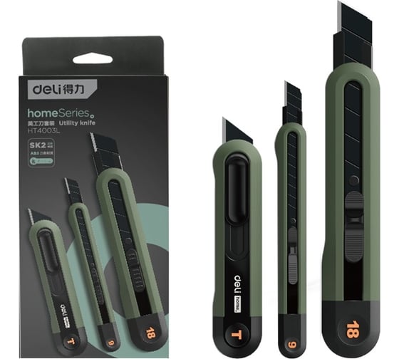 Набор технических ножей DELI "Home Series Green" HT4003L (ножи 9мм+18мм+т-образный), эксклюзивный дизайн, корпус из высококачественного soft touch пластика 123288 1