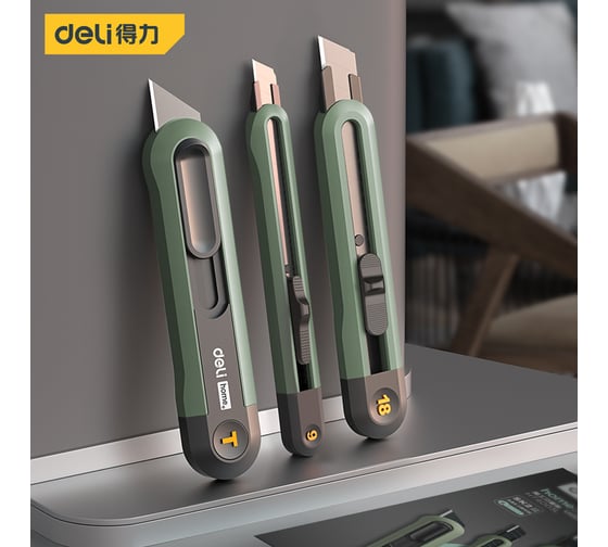 Набор технических ножей DELI "Home Series Green" HT4003L (ножи 9мм+18мм+т-образный), эксклюзивный дизайн, корпус из высококачественного soft touch пластика 123288