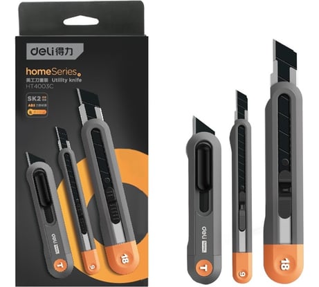 Набор технических ножей DELI "home series grey" HT4003C (ножи 9мм+18мм+т-образный), эксклюзивный дизайн, корпус из высококачественного soft touch пластика 123287