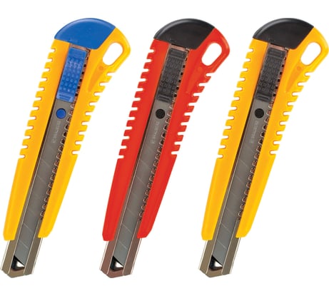 Нож 18 мм, автофиксатор, цвет корпуса ассорти + 2 лезвия, блистер BRAUBERG 230918