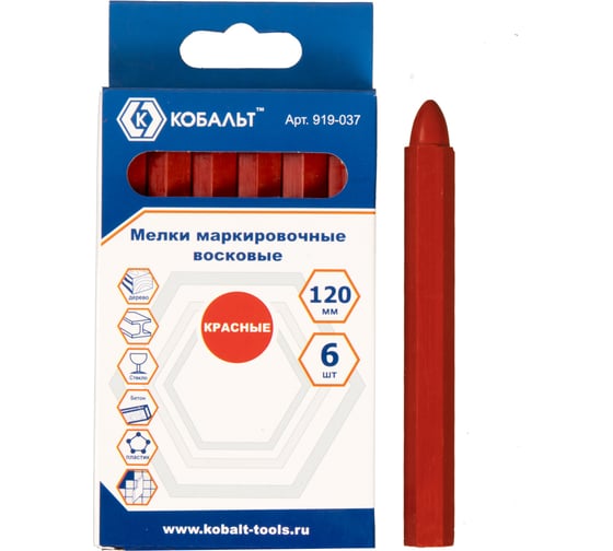 Маркировочные восковые мелки, красные, 120мм, 6шт КОБАЛЬТ 919-037