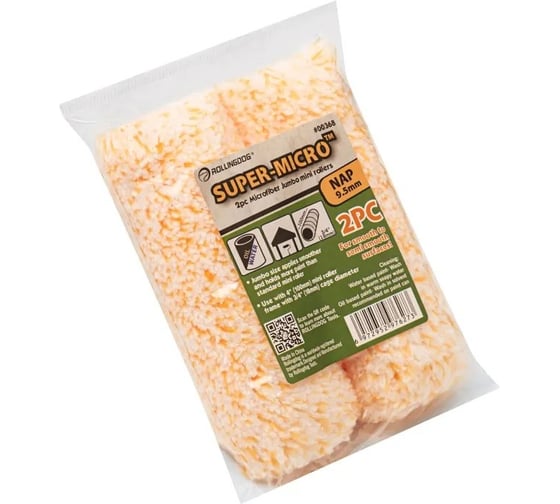 Малярный мини-валик ROLLINGDOG Super-Micro Jumbo из микрофибры, 100 мм, ворс 9.5 мм, диаметр крепления 18 мм, 2 шт. 00368