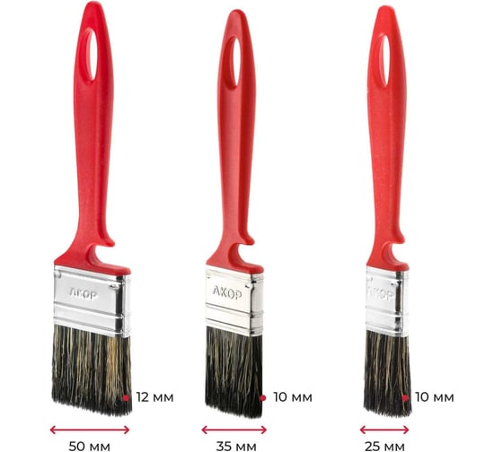 Кисти плоские для водных красок Акор, ширина щетины 25, 35, 50 мм, толщина 10 и 12 мм, 3 шт., Эксперт 173 25 050 1