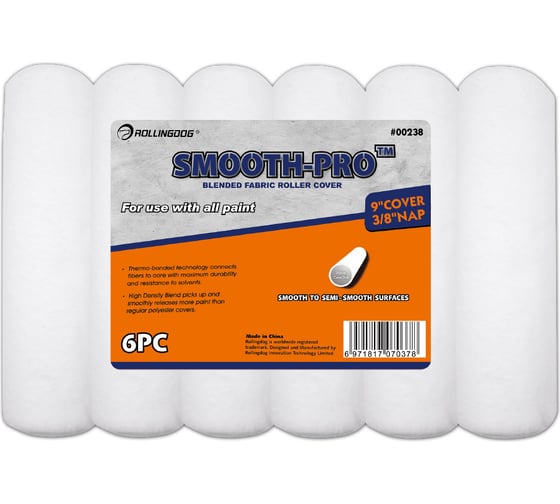 Малярный валик Rollingdog Smooth-Pro 230 мм, полиэстер, ворс 9,5 мм, диаметр 38 мм, набор 6 шт. 00238