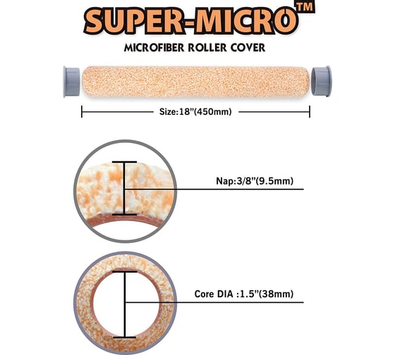 Малярный валик большой Rollingdog Super-Micro 450 мм, микрофибра, ворс 9,5 мм, диаметр 44 мм, 2 пластиковые заглушки в комплекте 0407