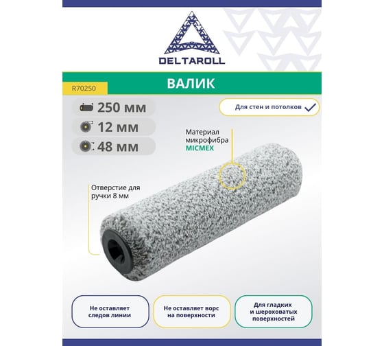Валик Deltaroll микрофибра, премиум, ворс 12 мм, 250x48 мм MICMEX TECHOLOGY R70250