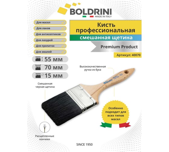 Кисть Boldrini с черной щетиной из синтетики, 70х15 мм 40070