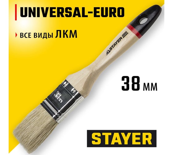 Плоская кисть STAYER UNIVERSAL-EURO светлая натуральная щетина, деревянная ручка, 38мм, 1,5" 0102-038