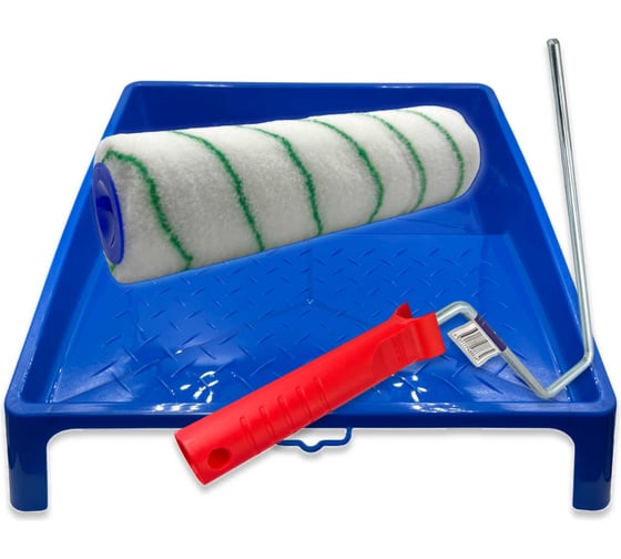 Валик малярный Alvar с ручкой для красок 250х48мм, ворс 12 мм, белый-зеленый, ванночка для краски 300х150мм AL-T300-AL-V250WG-RHS825