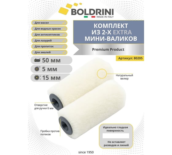Сет из двух мини-валиков Boldrini велюр, 50x100 мм, 80205