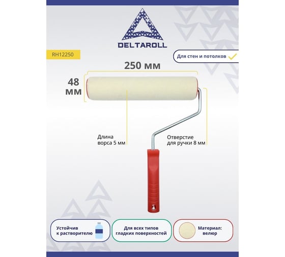 Валик с ручкой DeltaRoll велюровый ворс 4 мм, 250x48 мм RH12250