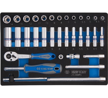 Набор шестигранных торцевых головок с принадлежностями KING TONY 1/4" 4-14 мм, 34 предмета 2534MRV
