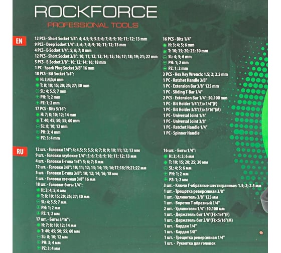 Набор торцевых головок и вставок ROCKFORCE 1/4", 3/8"DR 6-гранных, 108 предметов RF-41082-5DS