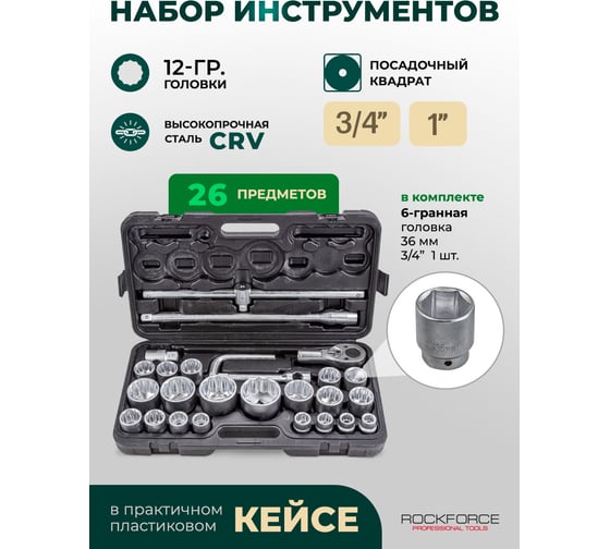 Набор инструментов Rockforce ударных 26пр, 3/4'' 1''(12гр.), в кейсе RF-68262-9(56226)