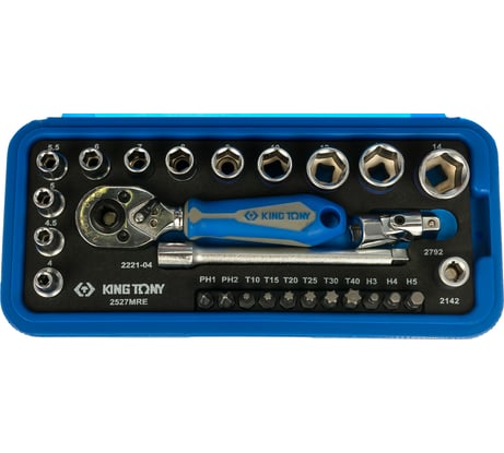 Набор торцевых головок с принадлежностями 1/4", шестигранные, 4-14 мм, 27 предметов KING TONY 2527MRE