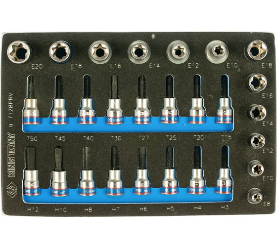 Набор торцевых насадок и головок 1/2"&3/8", TORX, HEX, Е6-Е20, ложемент, 28 предметов KING TONY 9-7128PRV