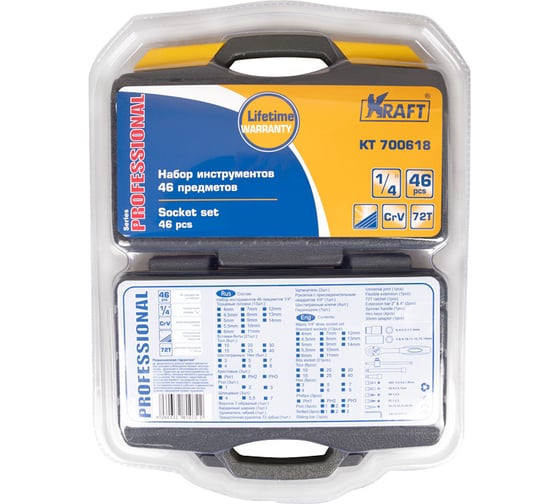 Набор инструмента 1/4 Dr 46 предметов пластиковый кейс+блистер KRAFT KT 700618
