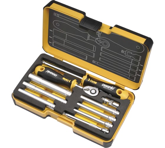Набор стержней M-TEC с трещоткой и отверткой 1/4" Felo ERGONIC в кейсе, 10 шт 05781006