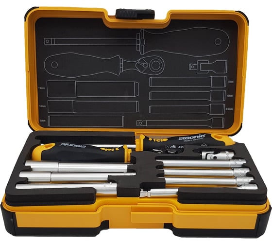 Набор стержней M-TEC с трещоткой и отверткой 1/4" Felo ERGONIC в кейсе, 10 шт 05781006