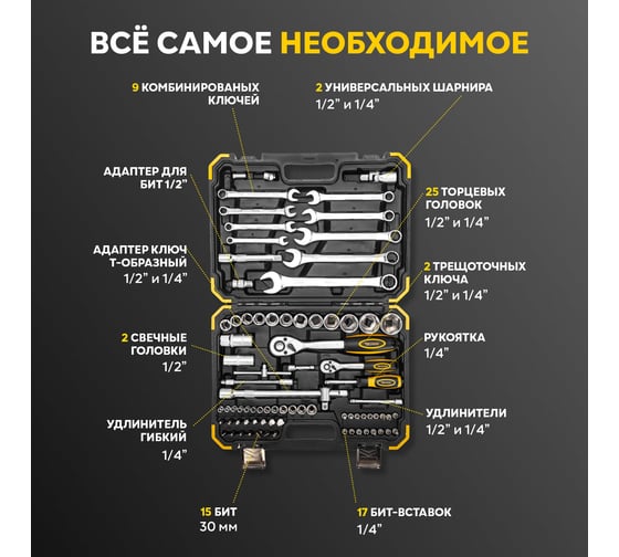 Набор инструментов KRANZ 1/2", 1/4", CRV, пластиковый кейс, 82 предмета KR-66-6682