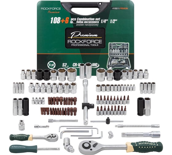 Набор инструментов Rockforce 108+6 предметов, 1/2, 1/4DR, 6-гранных RF-41082-5 PREMIUM(26255)