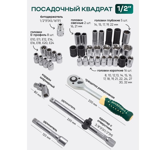 Набор инструментов Rockforce 108+6 предметов, 1/2, 1/4DR, 6-гранных RF-41082-5 PREMIUM(26255)