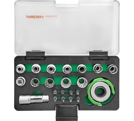 Головки Jonnesway RD05H22S торцевые SPLINE М4-13 с дисковым трещоточным механизмом и аксессуарами в наборе, 22 предмета 046626