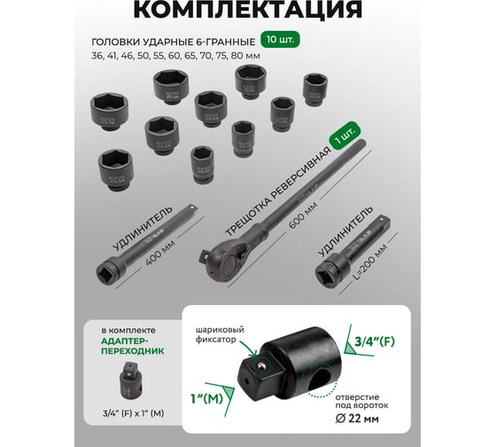 Набор инструментов Rockforce ударных 15предметов 1" 6 граней RF-8141-5MPB(28582)