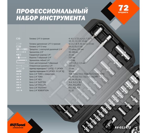 Набор профессионального инструмента AV Steel 72 предм. 1/4 AV-011472