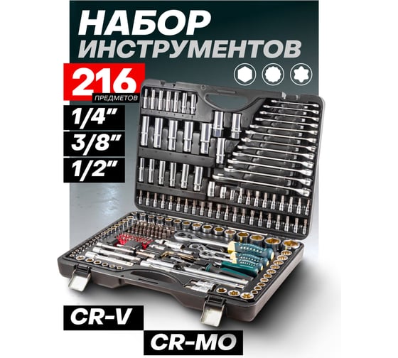 Набор инструментов Rockforce 1/2" 1/4" 3/8" с 6 и 12-гранными головками 216 предметов RF-38841(47698) RF-38841 /Premium/(47698)