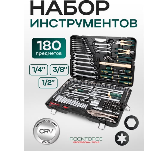 Набор инструментов Rockforce 1/2, 1/4, 3/8DR с 6-гранными головками 180 предметов RF-41802-5(28515)