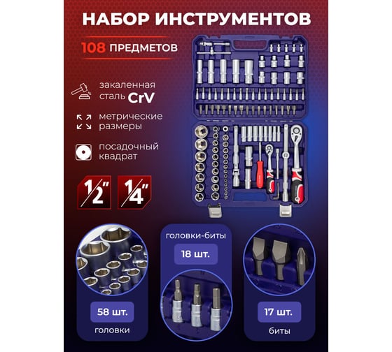 Набор инструментов YATAFORCE 108 пр 1/4'', 1/2'' (6гр.) YF-41082-5(52567)