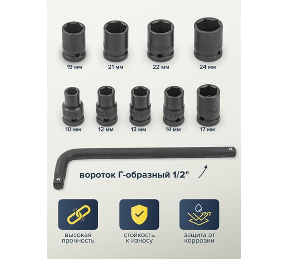 Набор ударных инструментов Partner 1/2" 10, 12, 13, 14, 17, 19, 21, 22, 24 мм + вороток Г-образный, в кейсе, 10 предметов PA-4104-5MPB(54746)