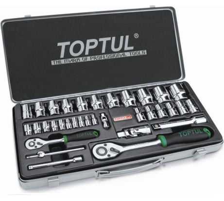 Набор головок TOPTUL 1/4", 1/2" 5-32 мм, 6 гранные, металлический кейс, 34 предмета GCAD3402